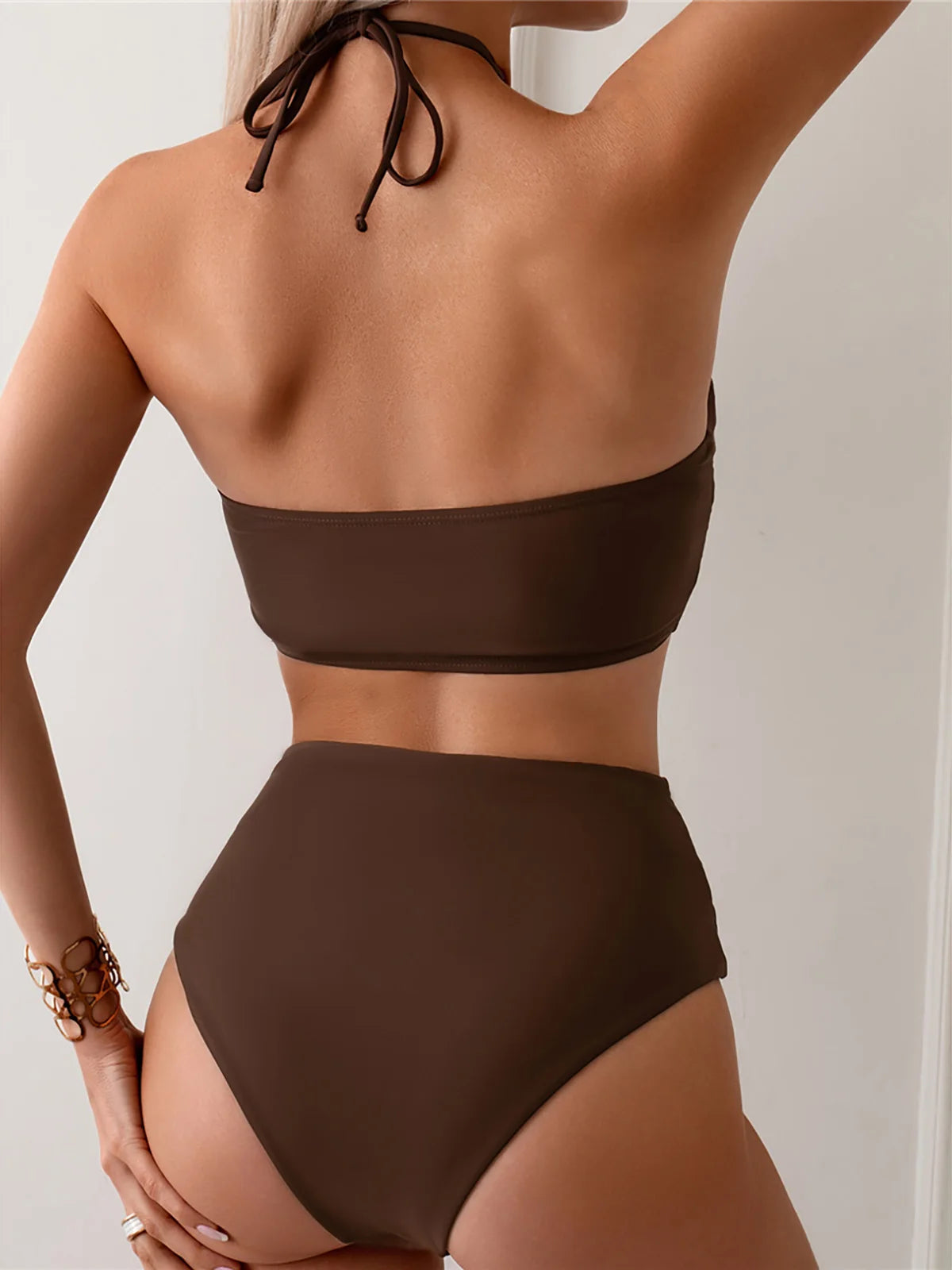 Halter Wrinkled High Neck Swimsuit