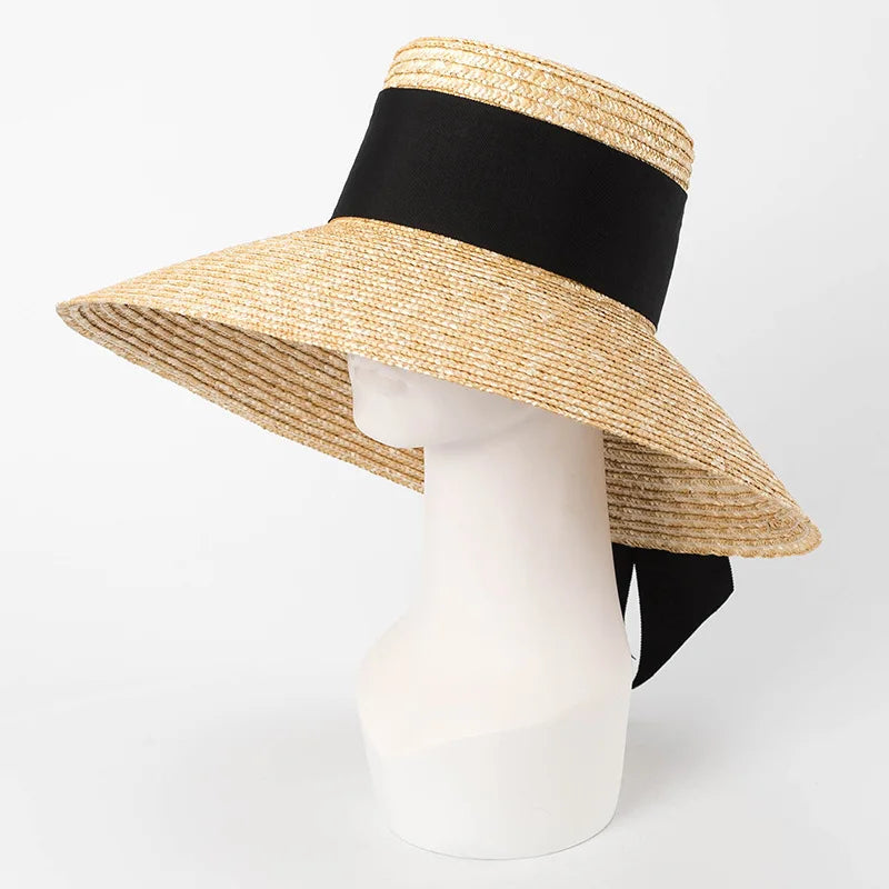 2024 Summer Straw Hat Beach Hat Women's Seaside Sun Hat Vacation Bow Ribbon Flat Top Big Brim Straw Hat praia 모자