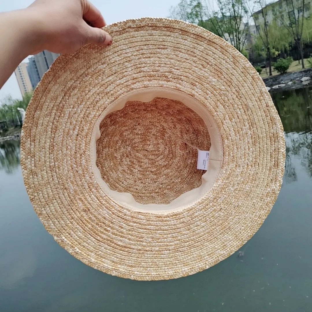 Boater Straw Hat wide brim French elegant square ribbon women's sun hat holiday straw hat  모자 햇빛 가리개