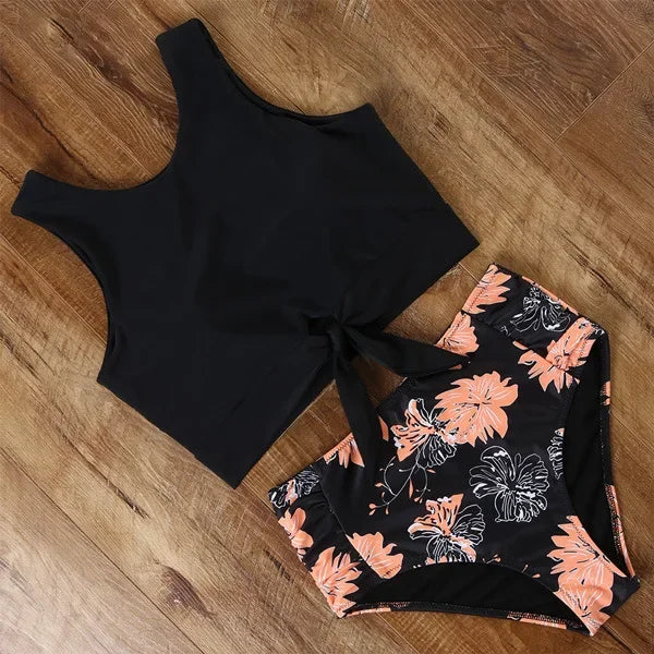 Striped Leopard Front Tie Push Up Two Piece Swimsuit