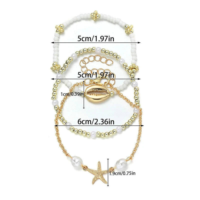 3Pcs Seaside Bohemian Starfish Shells Bracelets Set for Women Gold White Color Rice Beads Bracelets Summer Beach Jewelry Gifts