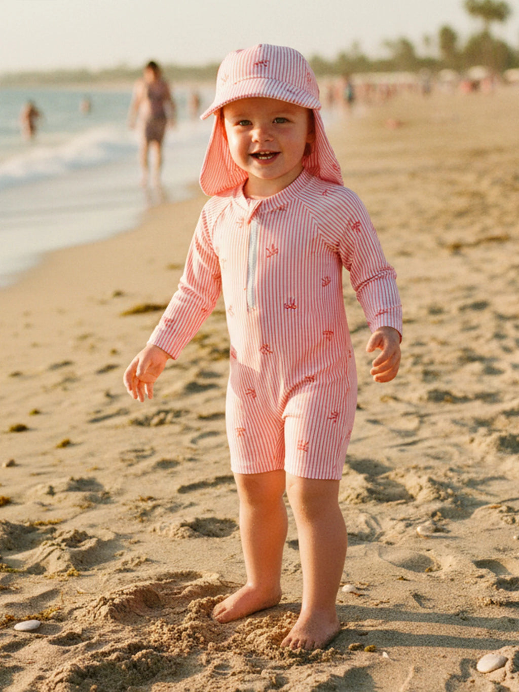 Striped Bow Printed Long Sleeve Swimwear with Hat