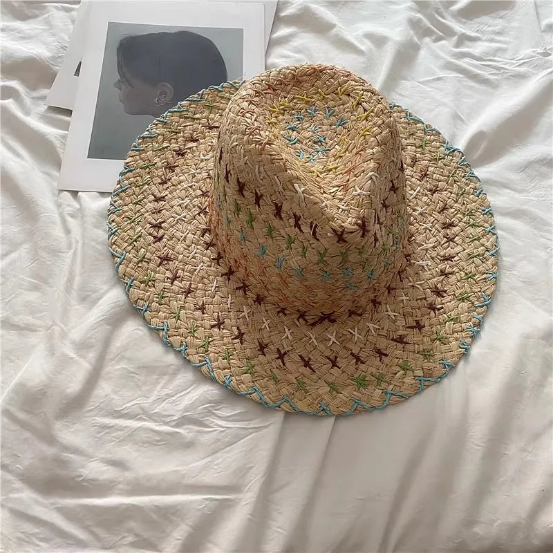 Boater Straw Hat wide brim French elegant square ribbon women's sun hat holiday straw hat  모자 햇빛 가리개
