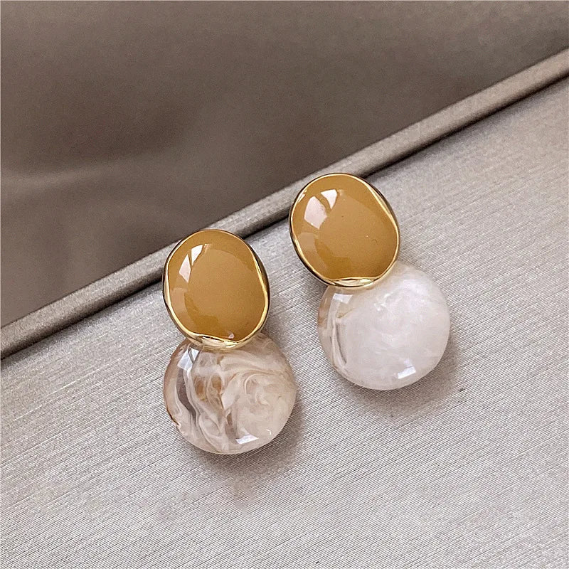 Brown Enamel Oil Beige Acrylic Dangle Earrings for Women Irregular Double Oval Drop Earrings Statement Geometry Trendy Jewelry