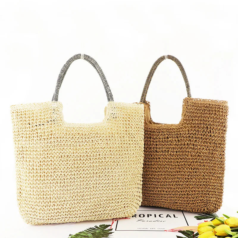 Women Beach Vintage Handmade Woven Shoulder Bag Raffia Rattan Shopping Bags Bohemian Ladies Summer Travel Vacation Casual Totes