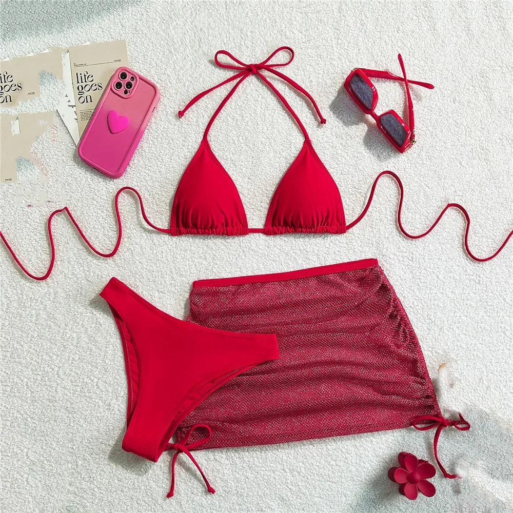 String Halter Triangle 3 Piece Bikini Set