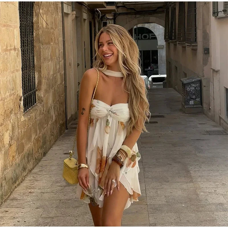 Sexy Ruffle Printed Backless Mini Dress