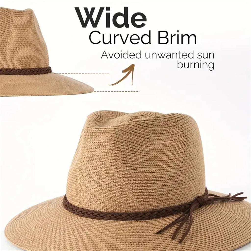 Classic Panama  Cap Braided Belt Decor Straw Sun HatSimple Unisex Travel Beach Hats For women
