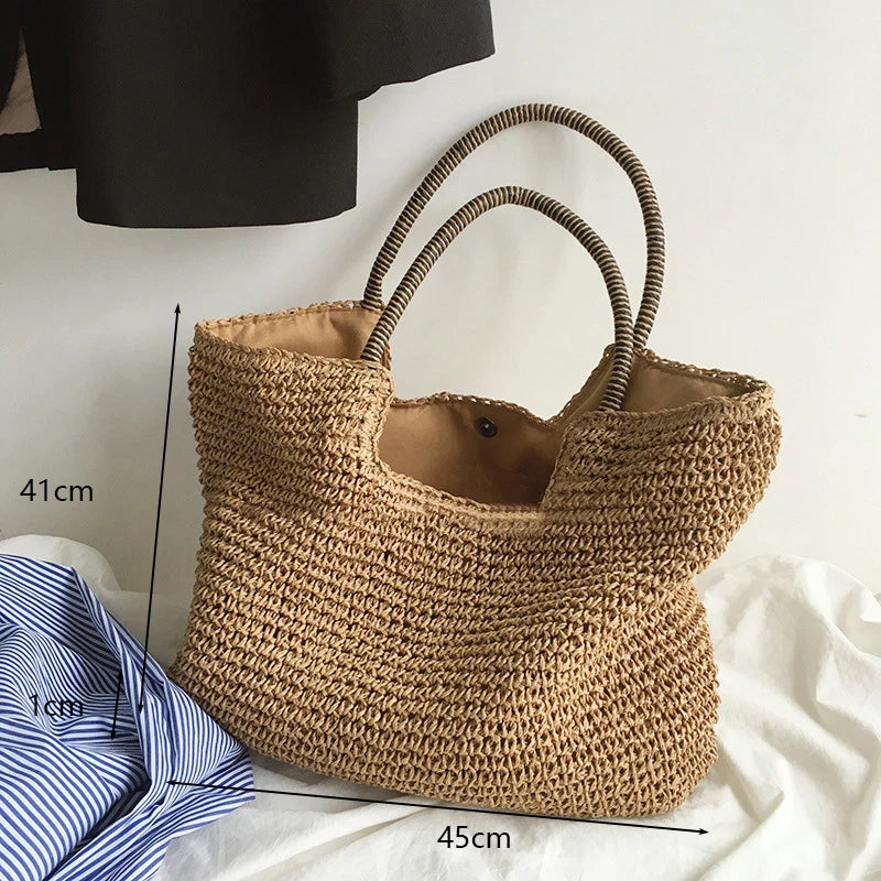 Women Beach Vintage Handmade Woven Shoulder Bag Raffia Rattan Shopping Bags Bohemian Ladies Summer Travel Vacation Casual Totes