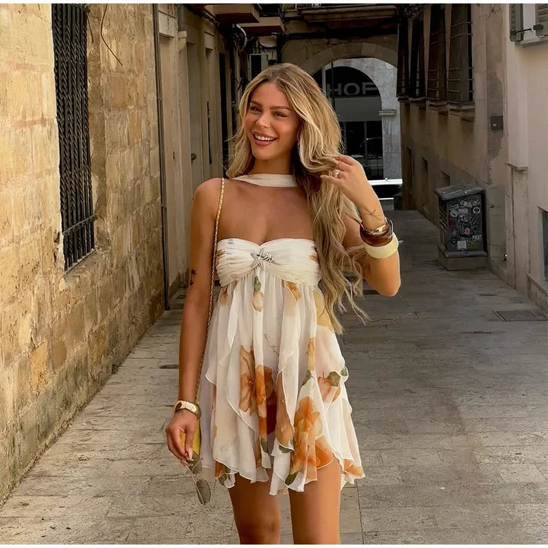 Sexy Ruffle Printed Backless Mini Dress