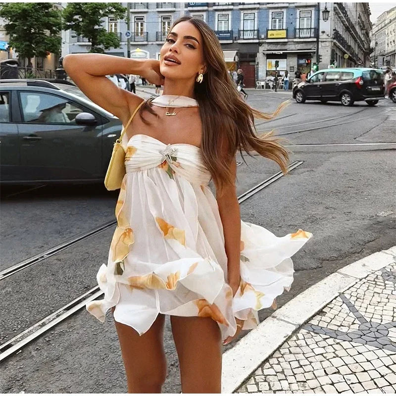 Sexy Ruffle Printed Backless Mini Dress