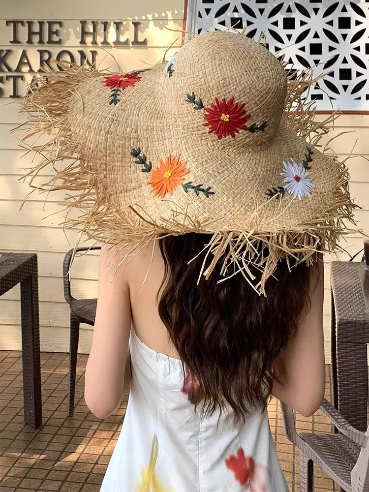 Boater Straw Hat wide brim French elegant square ribbon women's sun hat holiday straw hat  모자 햇빛 가리개