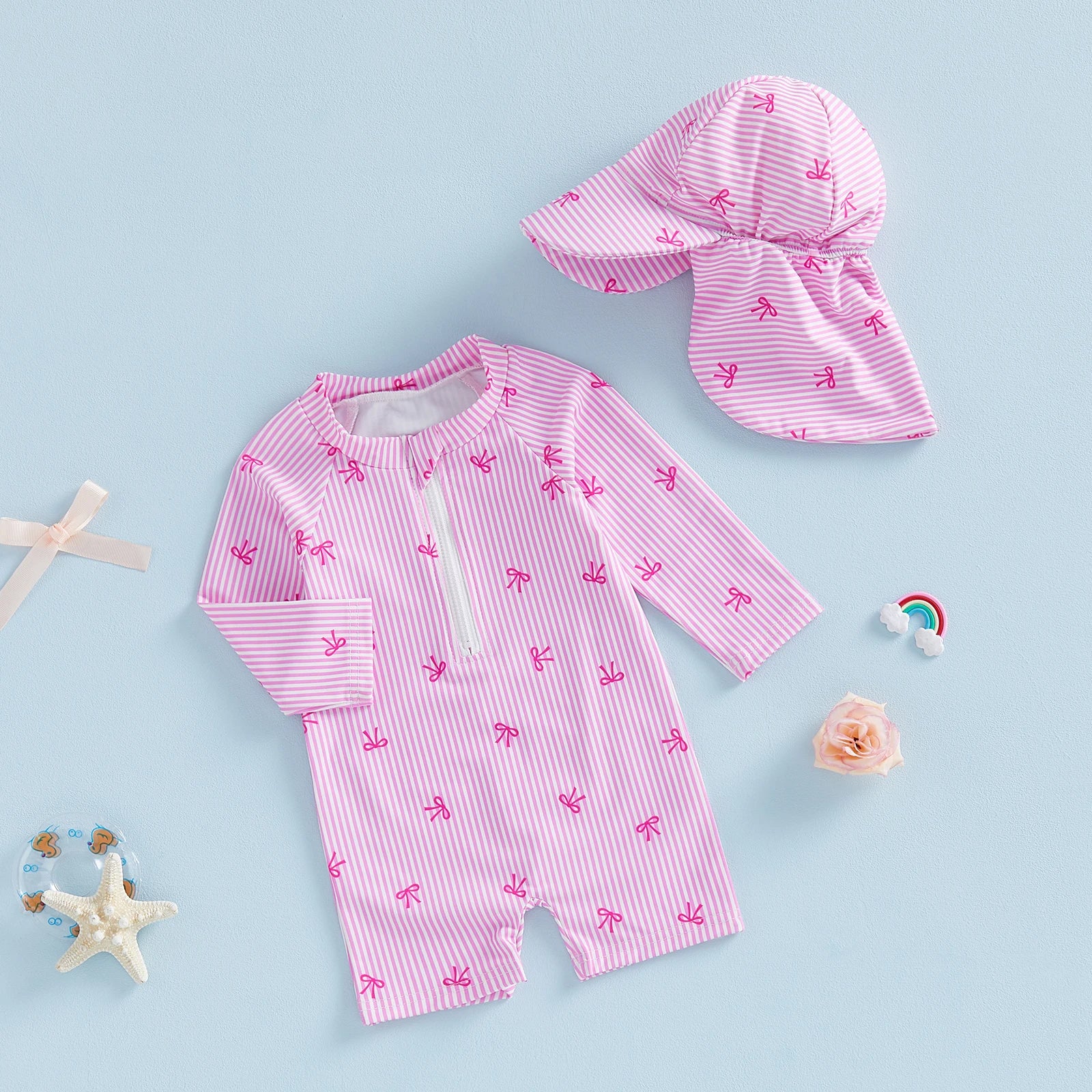 Striped Bow Printed Long Sleeve Swimwear with Hat