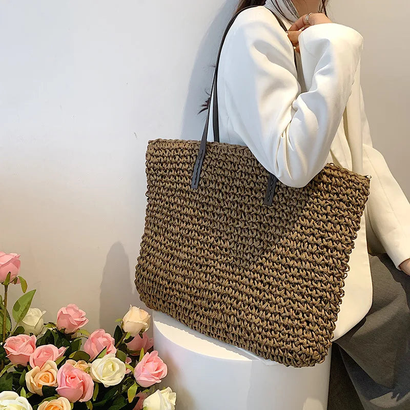 Bohemian Hollow Straw Beach Handabg Handmade Woven Shoulder Bag For Women Raffia Shopping Travel Bag Female Summer Casual Tote