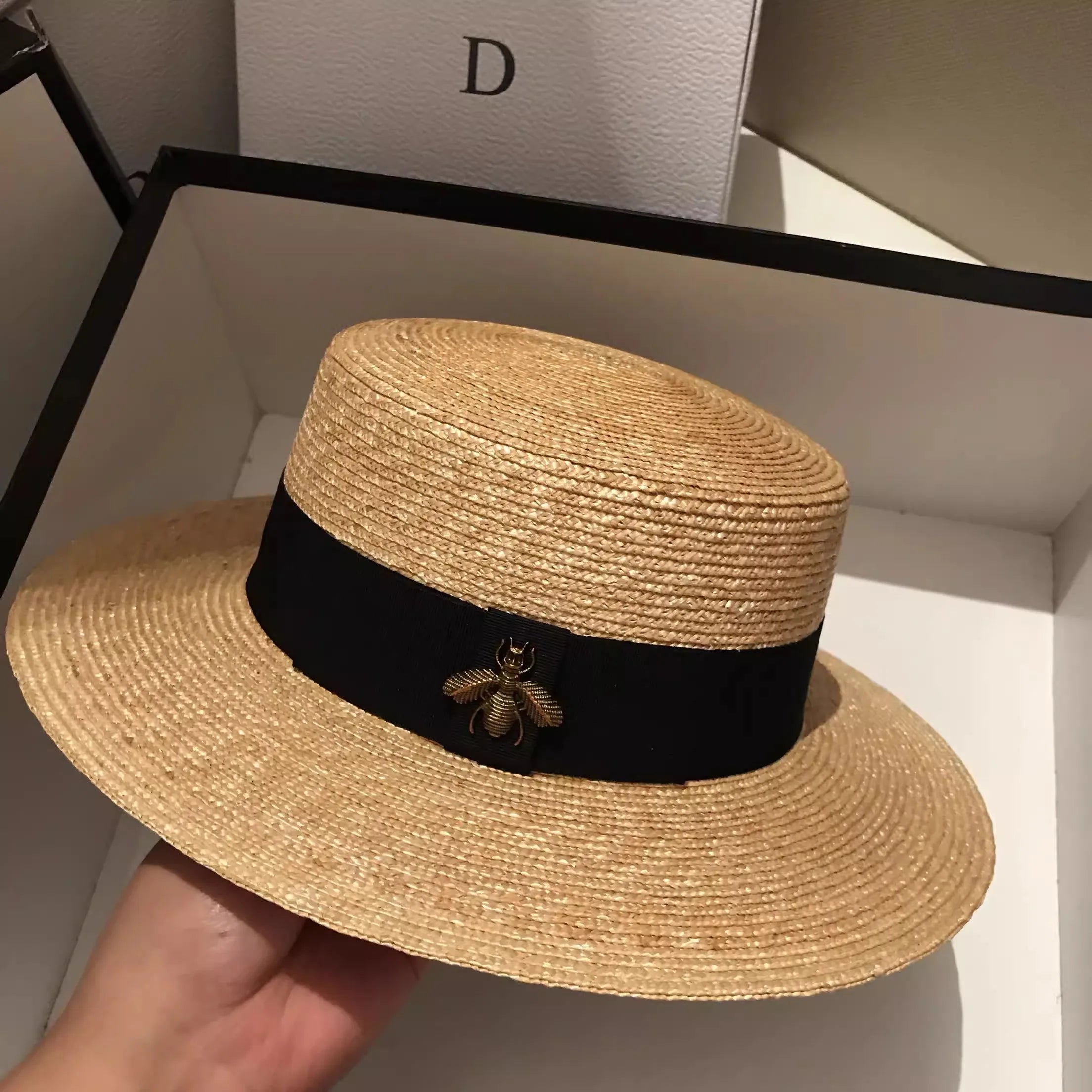 Boater Straw Hat wide brim French elegant square ribbon women's sun hat holiday straw hat  모자 햇빛 가리개