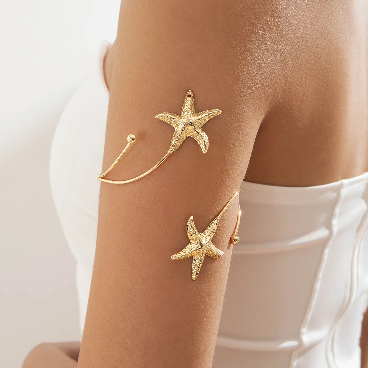 Bohemian Metal Starfish Open Arm Bracelet for Women String Leaf Wave Flower Ins Style Cuff Arm Bangle Beach Party Jewelry Gift
