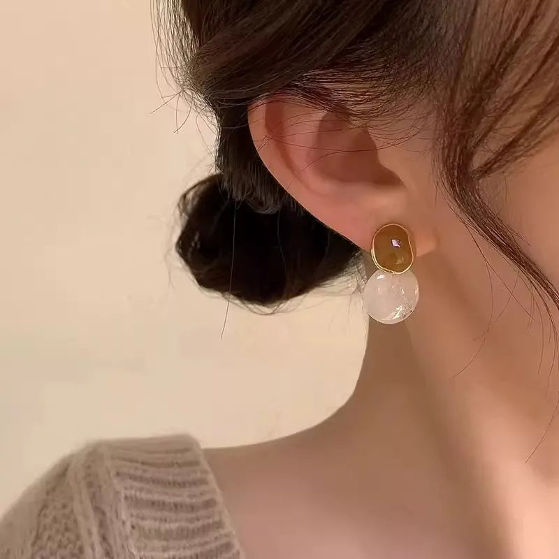 Brown Enamel Oil Beige Acrylic Dangle Earrings