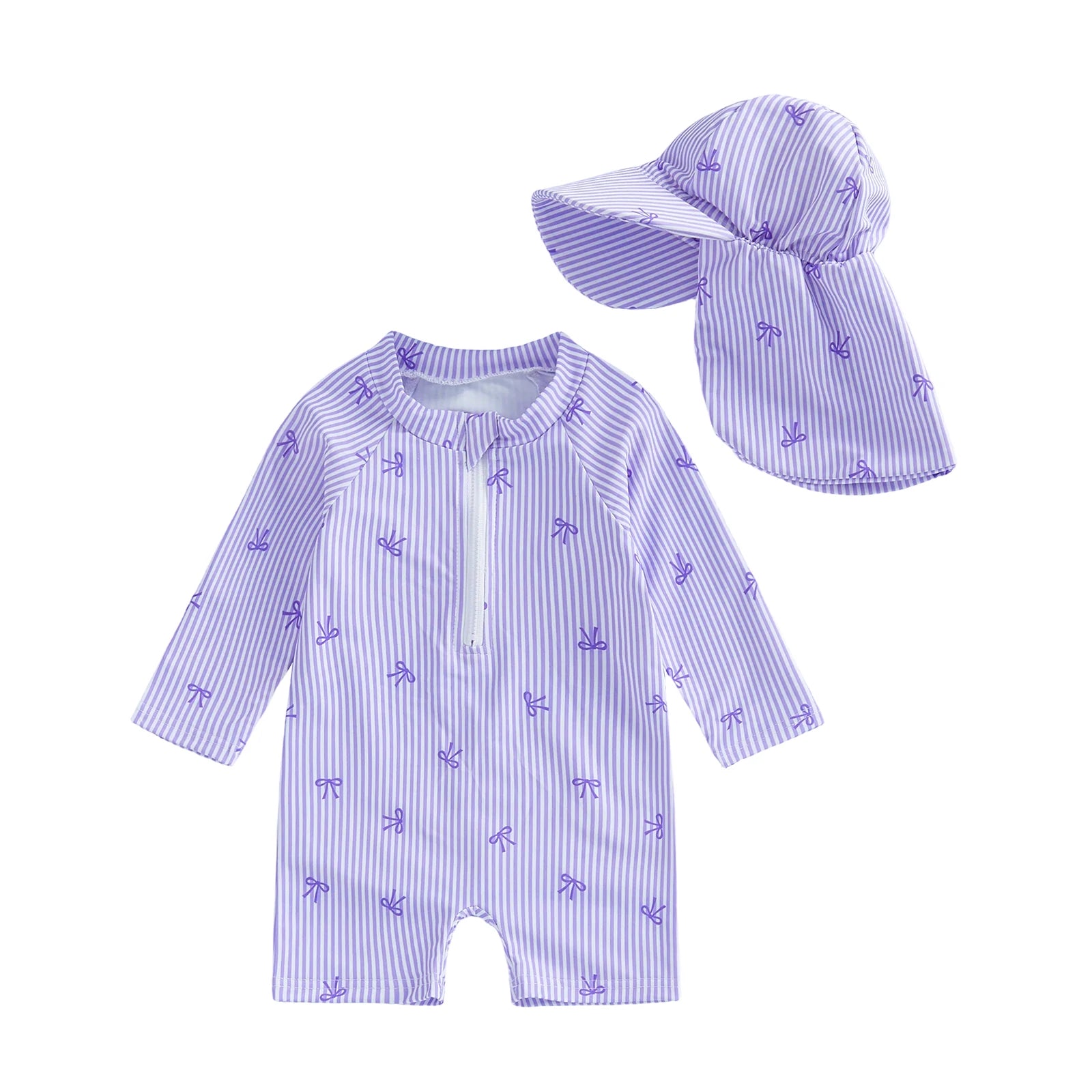 Striped Bow Printed Long Sleeve Swimwear with Hat