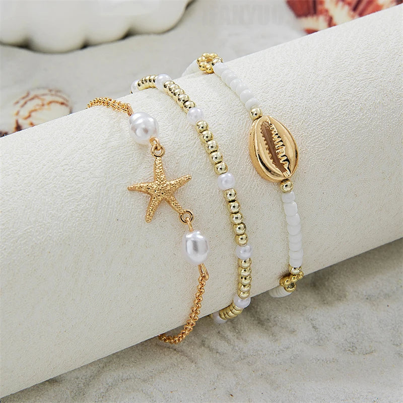 3Pcs Seaside Bohemian Starfish Shells Bracelets Set for Women Gold White Color Rice Beads Bracelets Summer Beach Jewelry Gifts