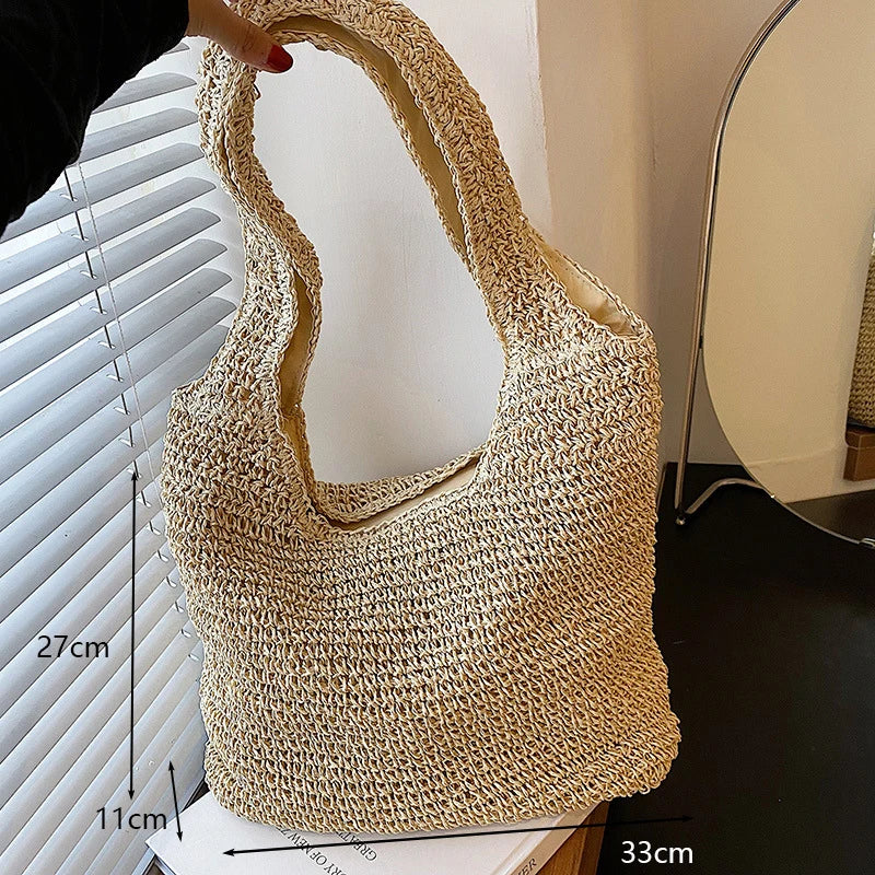 Women Beach Vintage Handmade Woven Shoulder Bag Raffia Rattan Shopping Bags Bohemian Ladies Summer Travel Vacation Casual Totes