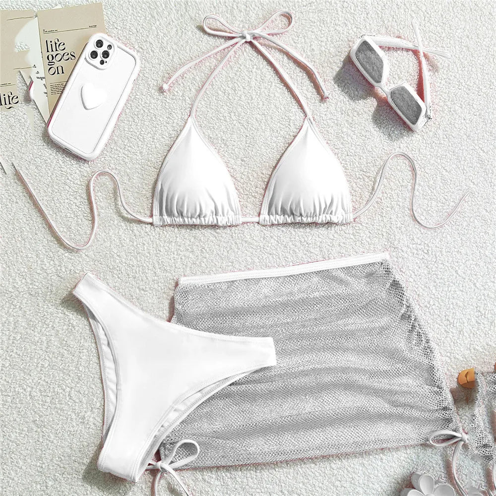 String Halter Triangle 3 Piece Bikini Set