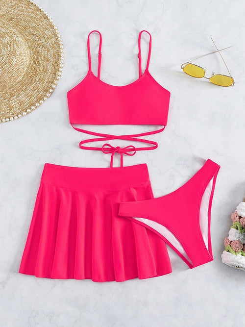 3 Pieces Crisscross Tie Back Bikini & Short Skirt