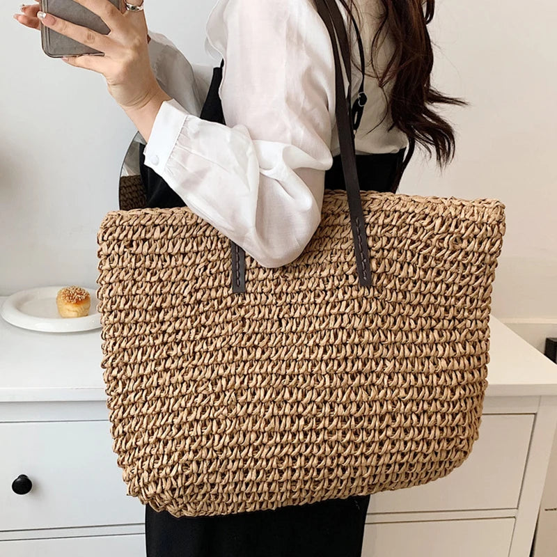Bohemian Hollow Straw Beach Handabg Handmade Woven Shoulder Bag For Women Raffia Shopping Travel Bag Female Summer Casual Tote