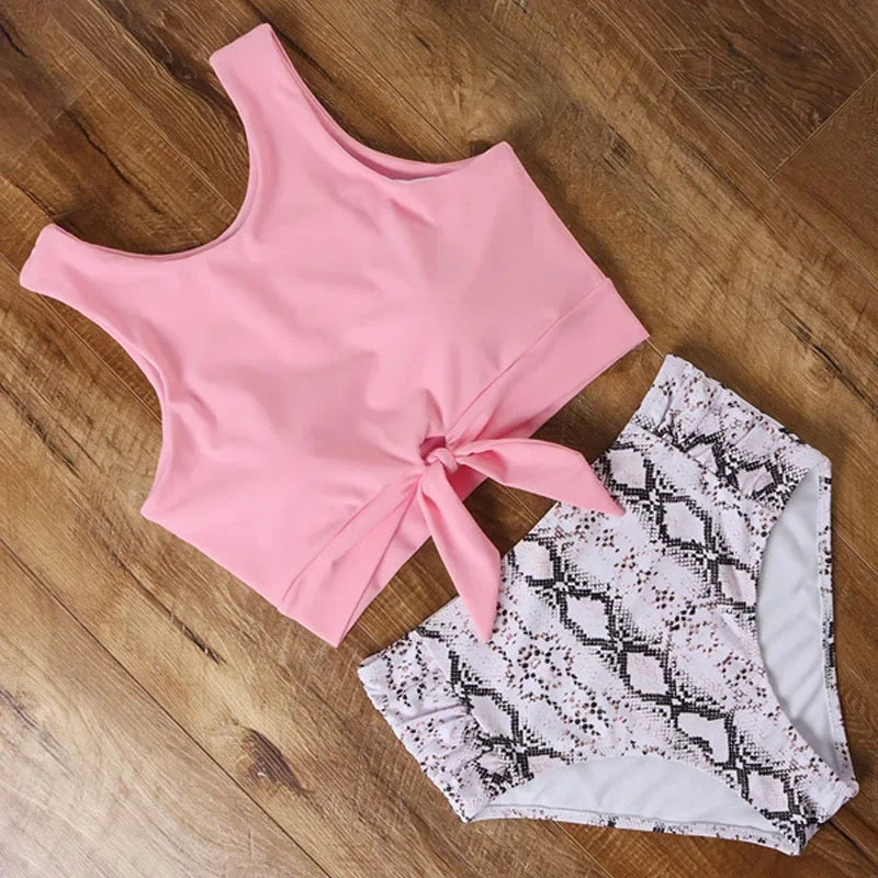 Striped Leopard Front Tie Push Up Two Piece Swimsuit