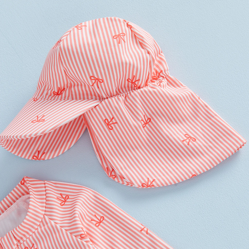 Striped Bow Printed Long Sleeve Swimwear with Hat
