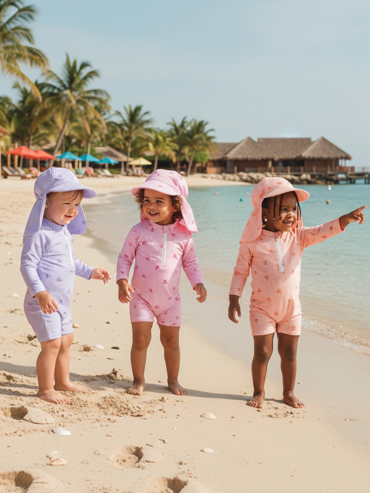 Striped Bow Printed Long Sleeve Swimwear with Hat