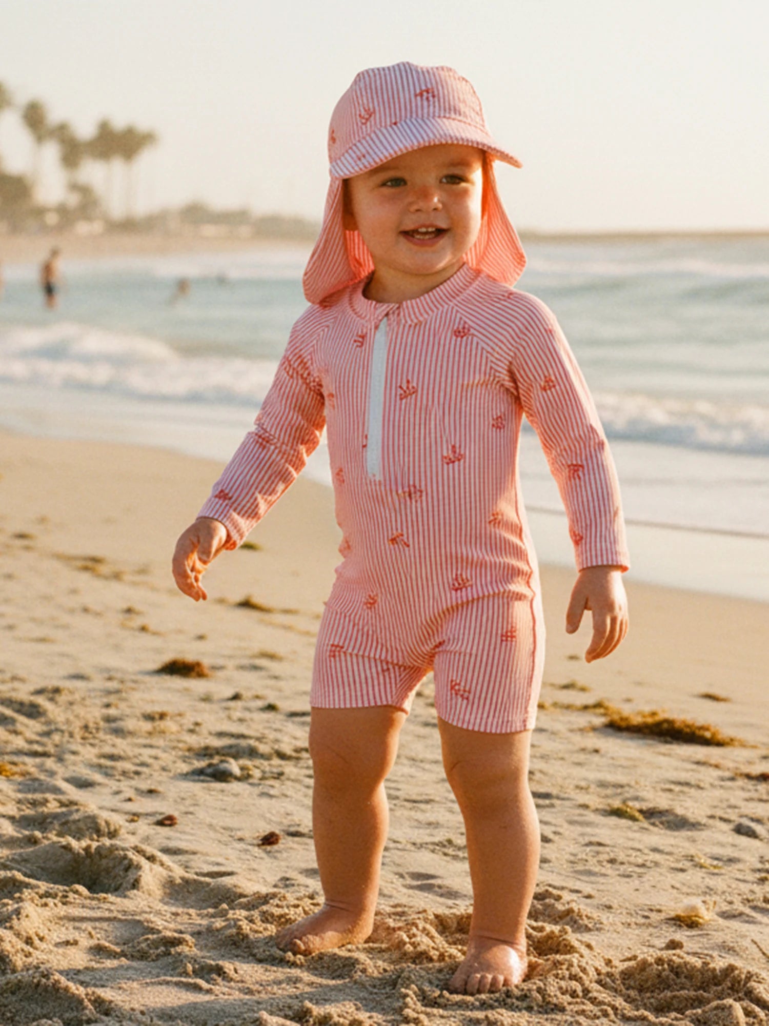 Striped Bow Printed Long Sleeve Swimwear with Hat