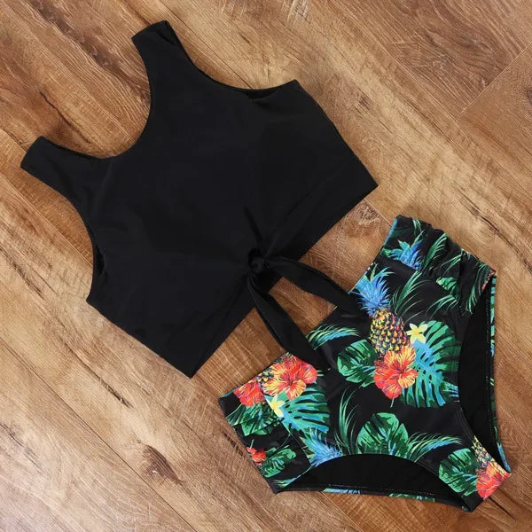 Striped Leopard Front Tie Push Up Two Piece Swimsuit