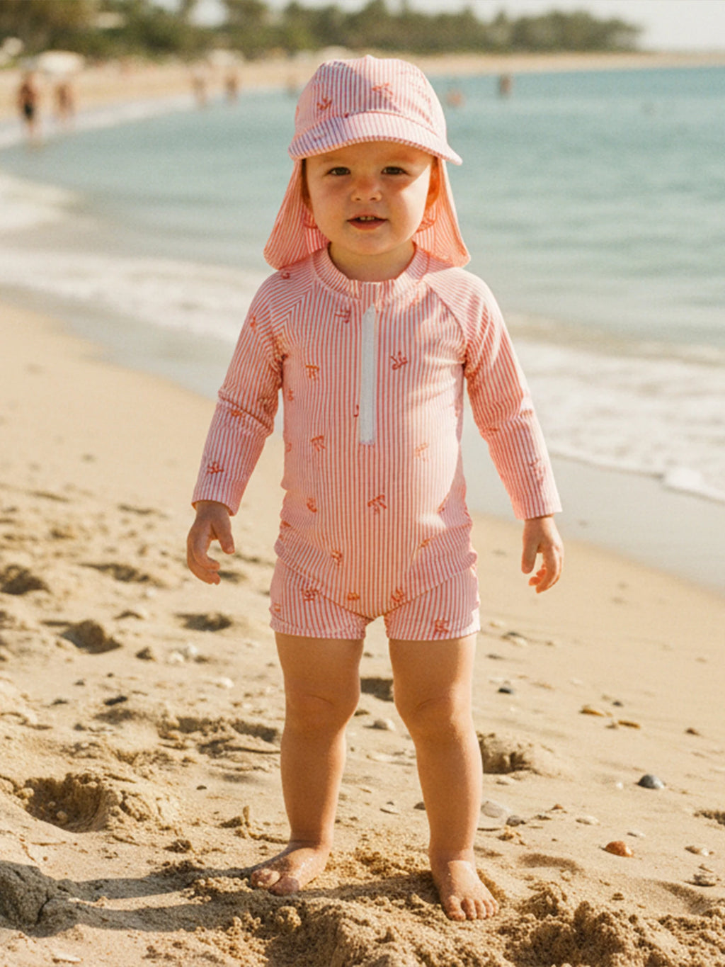 Striped Bow Printed Long Sleeve Swimwear with Hat