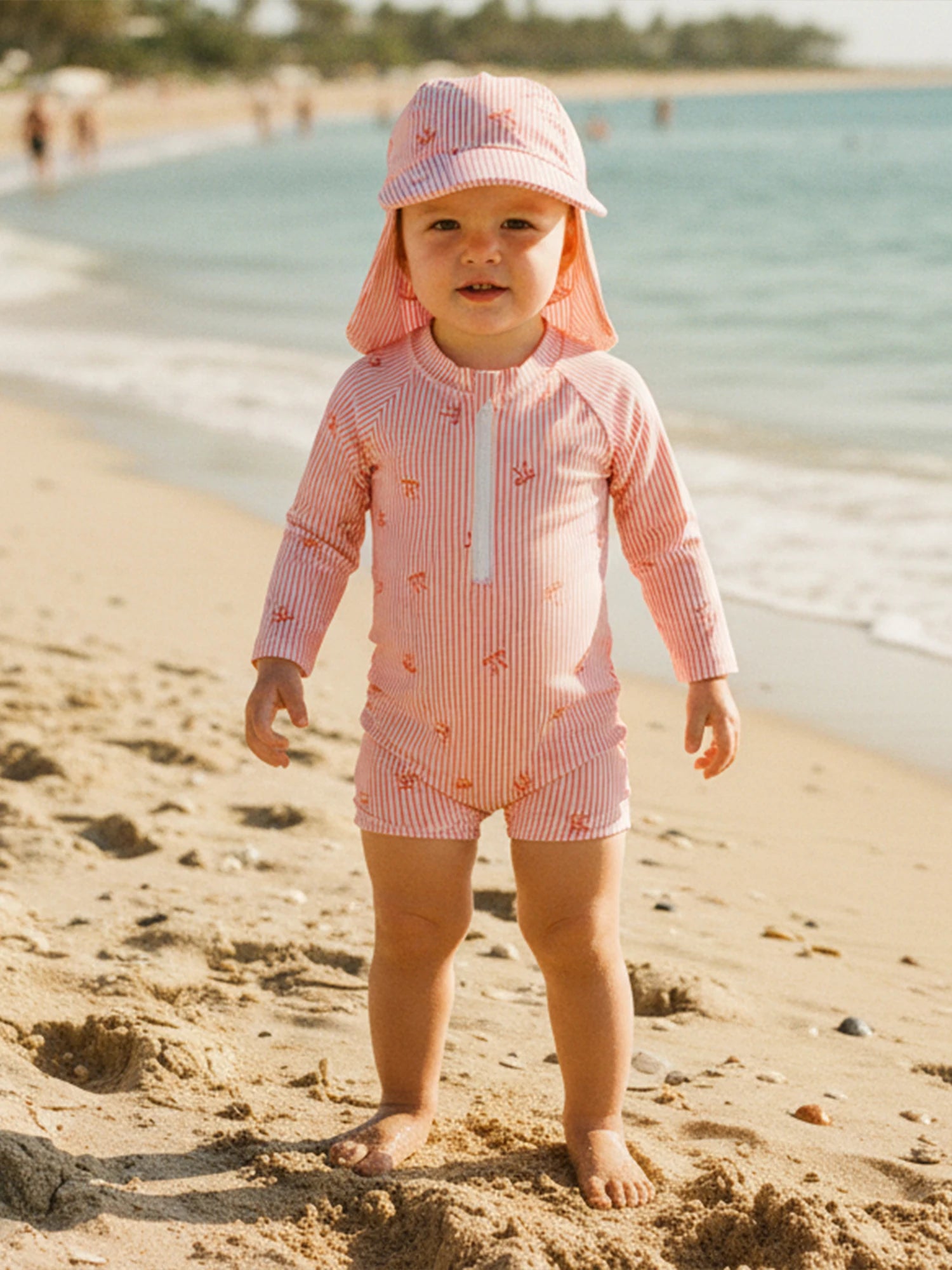 Striped Bow Printed Long Sleeve Swimwear with Hat