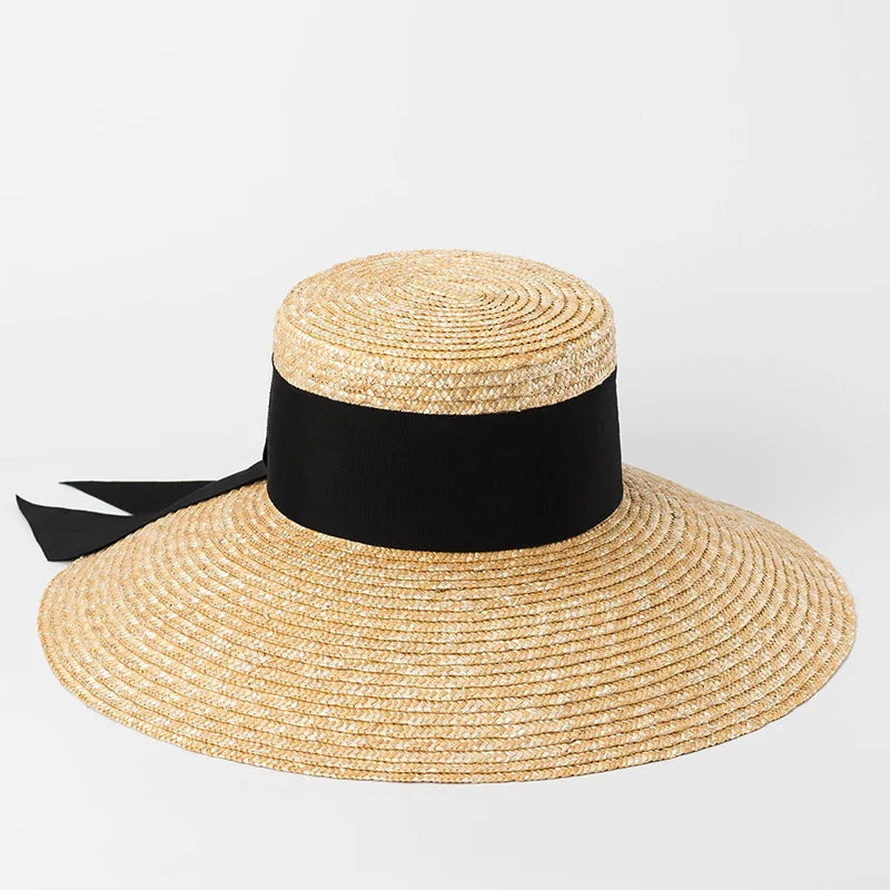 2024 Summer Straw Hat Beach Hat Women's Seaside Sun Hat Vacation Bow Ribbon Flat Top Big Brim Straw Hat praia 모자