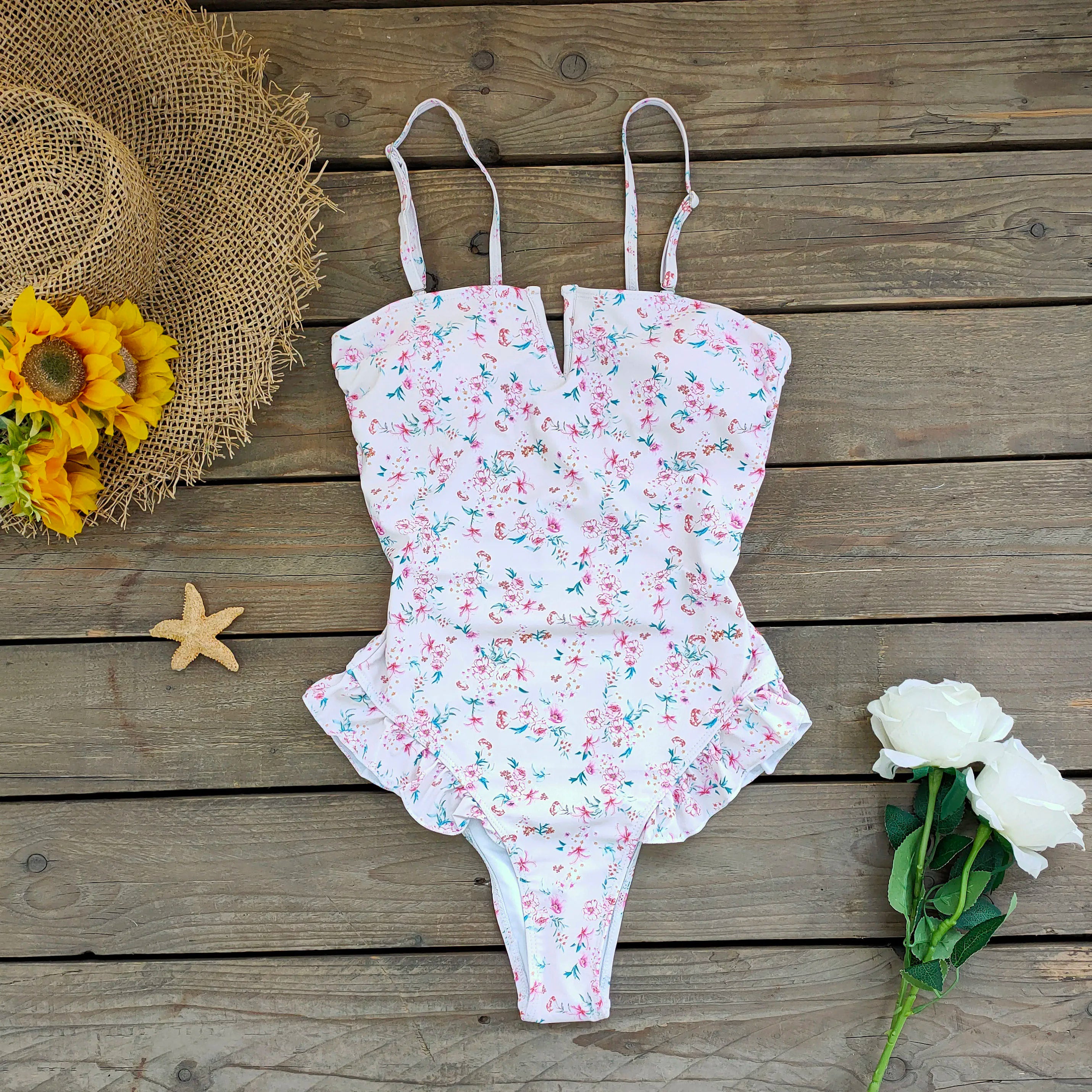 Ruffle Bodysuit Monokini Print Swim Suit
