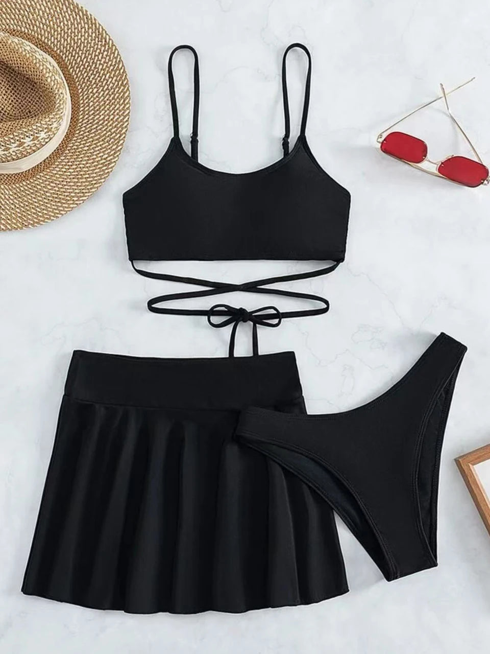 3 Pieces Crisscross Tie Back Bikini & Short Skirt
