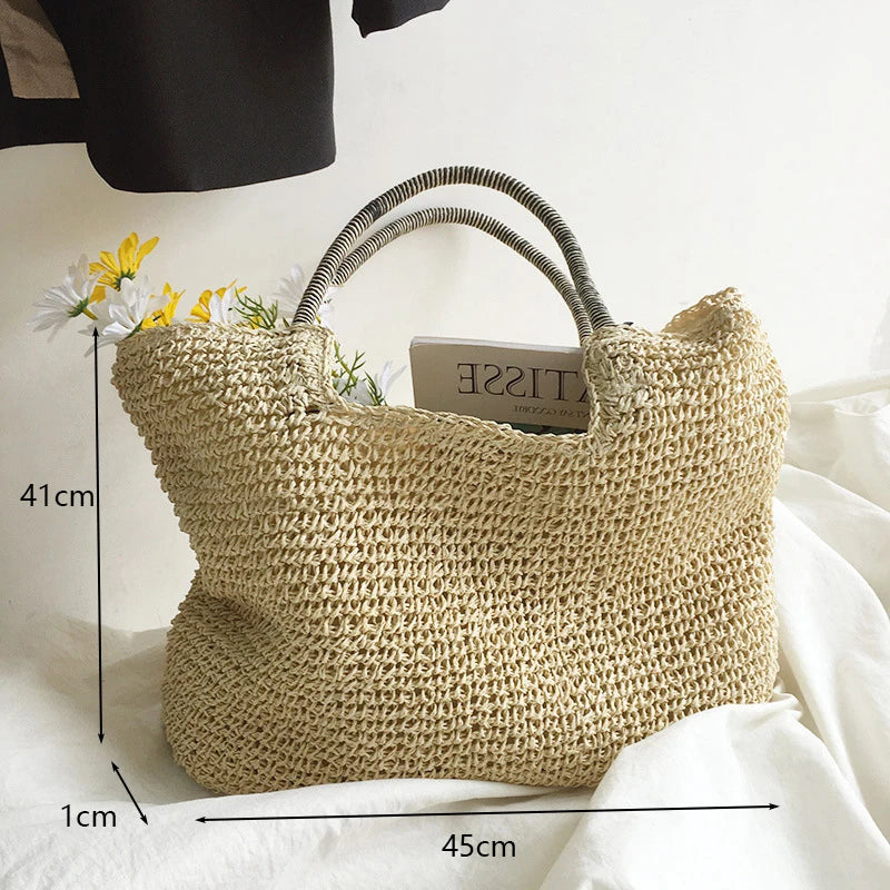 Women Beach Vintage Handmade Woven Shoulder Bag Raffia Rattan Shopping Bags Bohemian Ladies Summer Travel Vacation Casual Totes