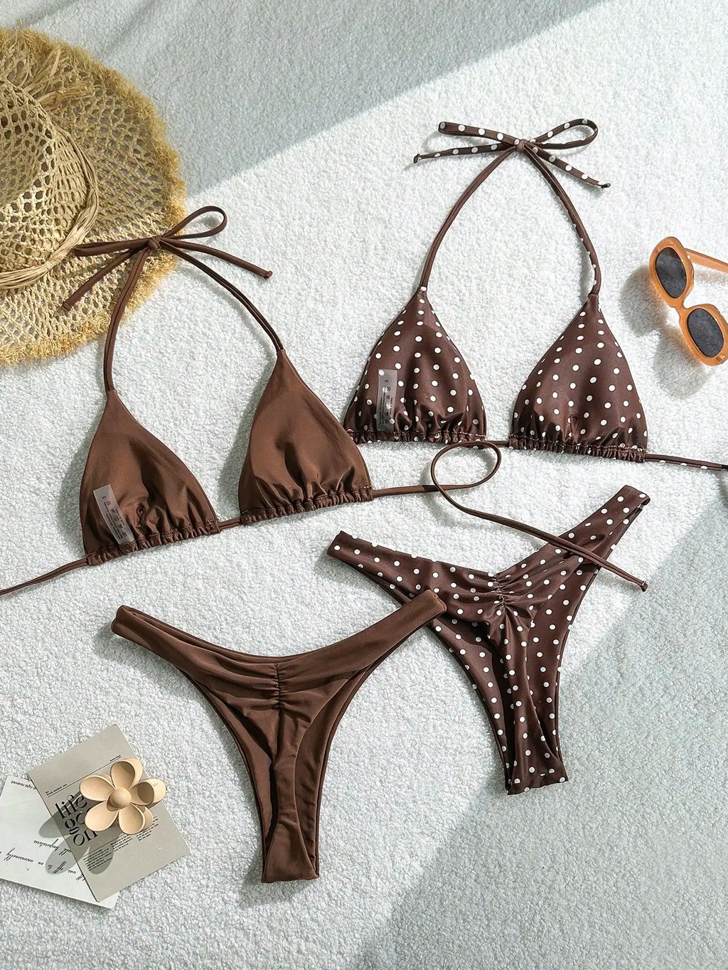 Retro polka dot and solid color triangle bikini set