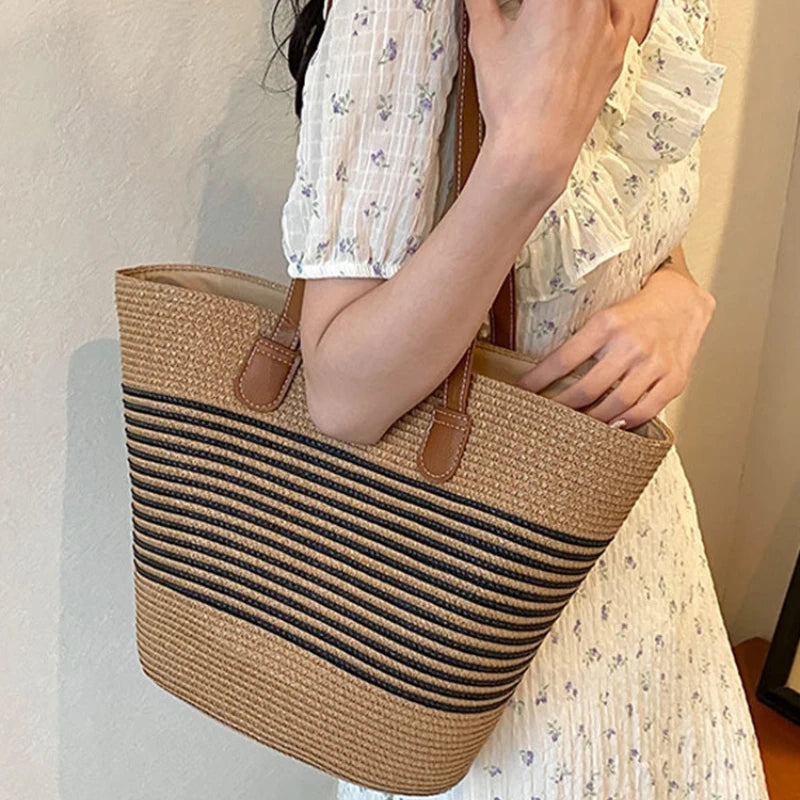 Women's Large Capacity Shoulder Bag Summer Straw Woven Basket Handbag Fashion Female Luxury Designer Beach Bag Bali Shopper Tote