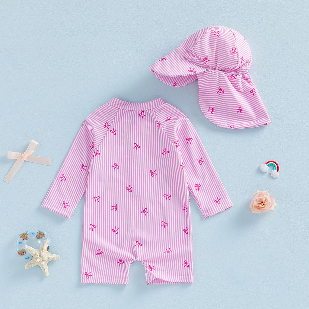 Striped Bow Printed Long Sleeve Swimwear with Hat