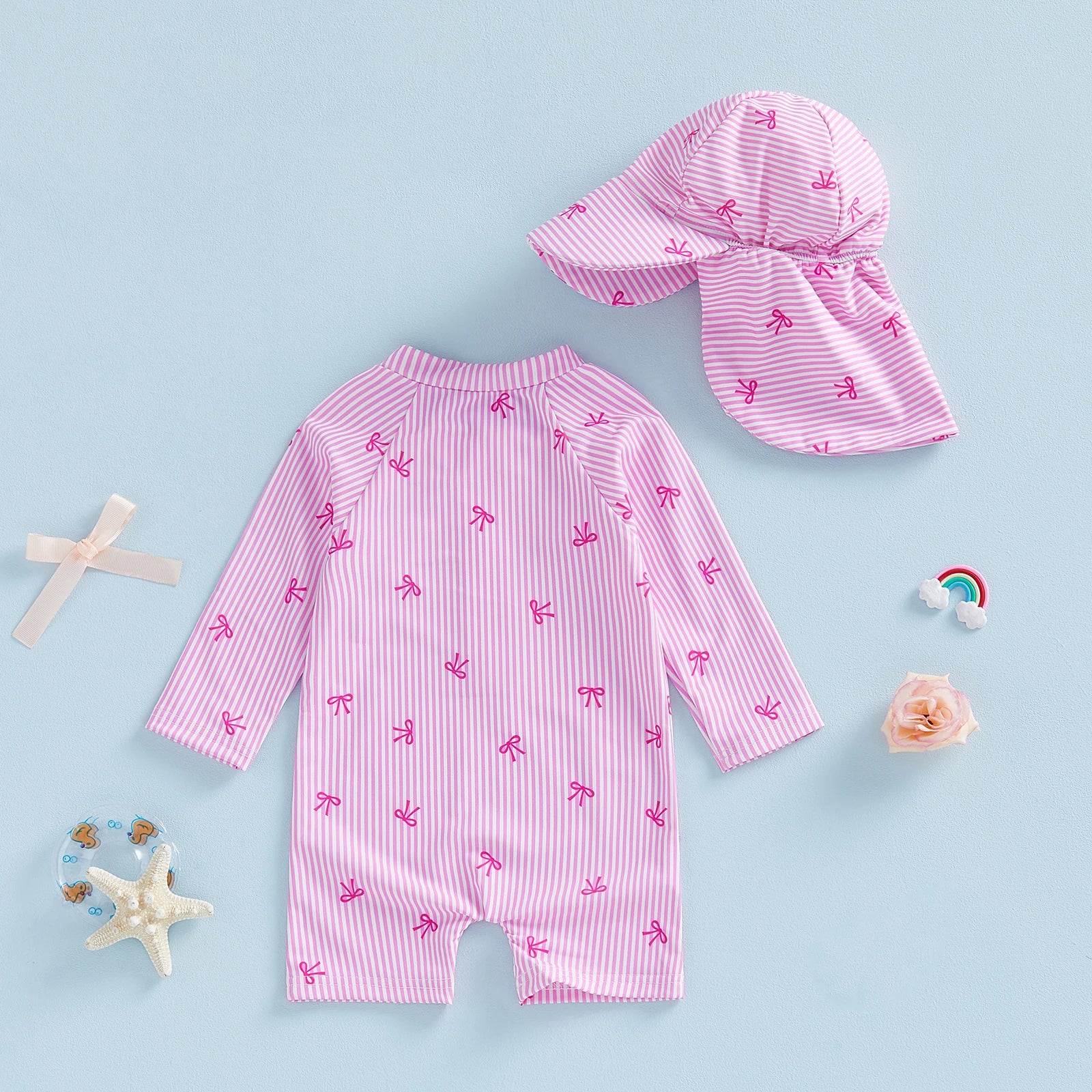 Striped Bow Printed Long Sleeve Swimwear with Hat