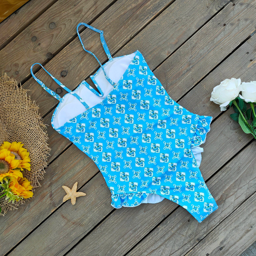 Ruffle Bodysuit Monokini Print Swim Suit