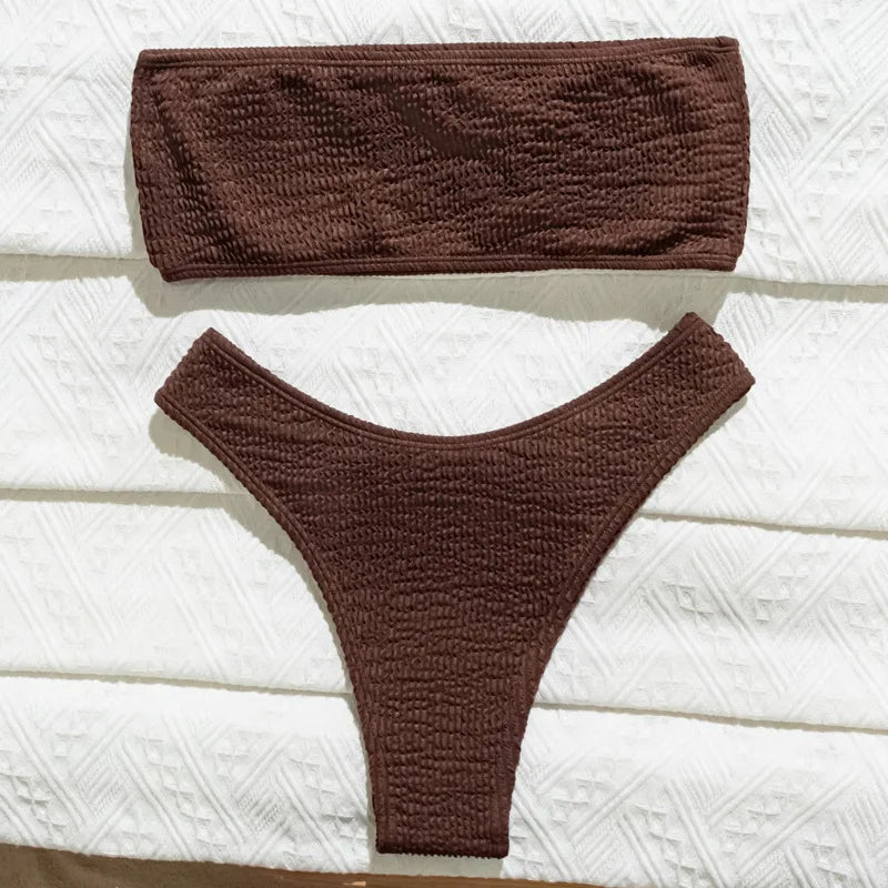 Ribbed coffee bandeau bikini