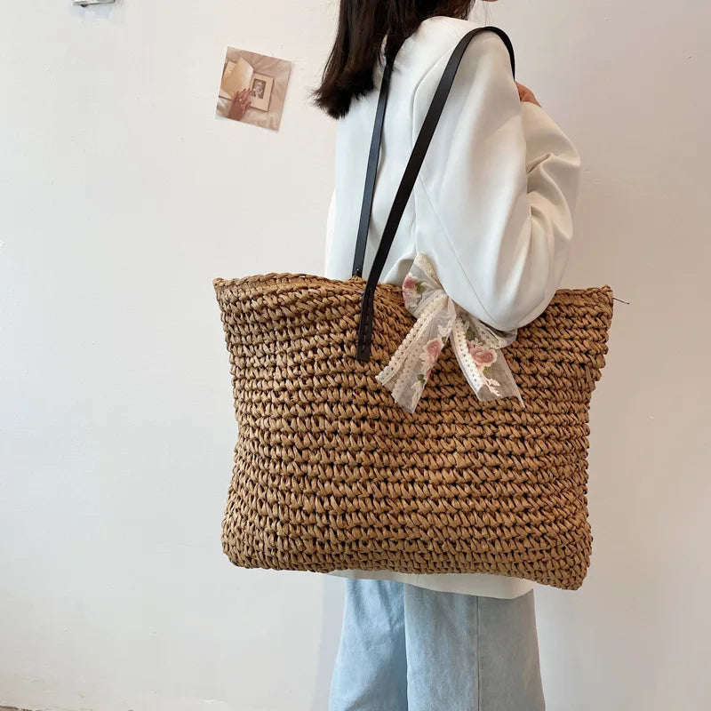 Bohemian Hollow Straw Beach Handabg Handmade Woven Shoulder Bag For Women Raffia Shopping Travel Bag Female Summer Casual Tote