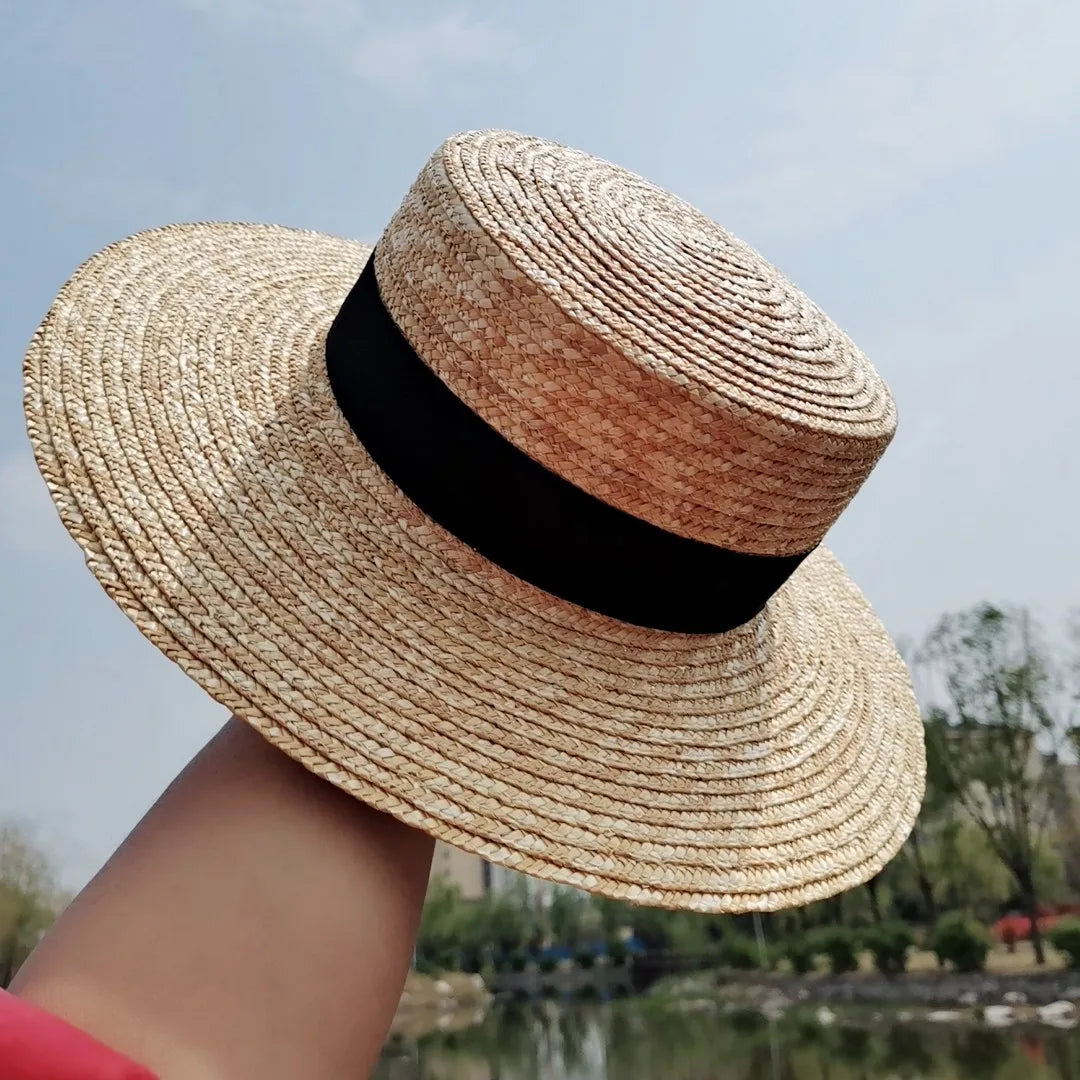 Boater Straw Hat wide brim French elegant square ribbon women's sun hat holiday straw hat  모자 햇빛 가리개
