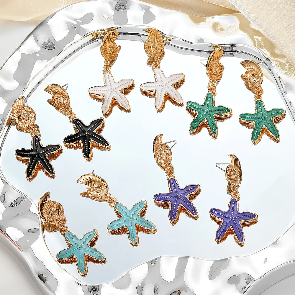 1 Pair of Chic Golden Starfish and Shell Earrings for Girls - Retro Style Stainless Steel Earrings, Ideal for Beach Vacation, Beach Earrings