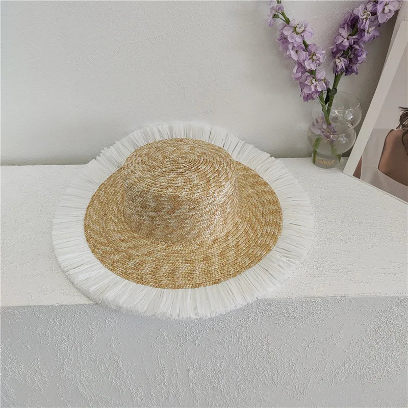 2024 Summer Straw Hat Beach Hat Women's Seaside Sun Hat Vacation Bow Ribbon Flat Top Big Brim Straw Hat praia 모자