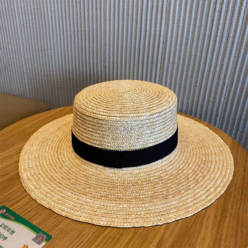 Boater Straw Hat wide brim French elegant square ribbon women's sun hat holiday straw hat  모자 햇빛 가리개