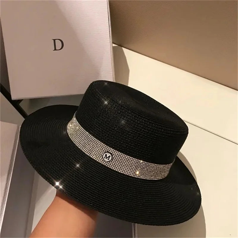 Boater Straw Hat wide brim French elegant square ribbon women's sun hat holiday straw hat  모자 햇빛 가리개